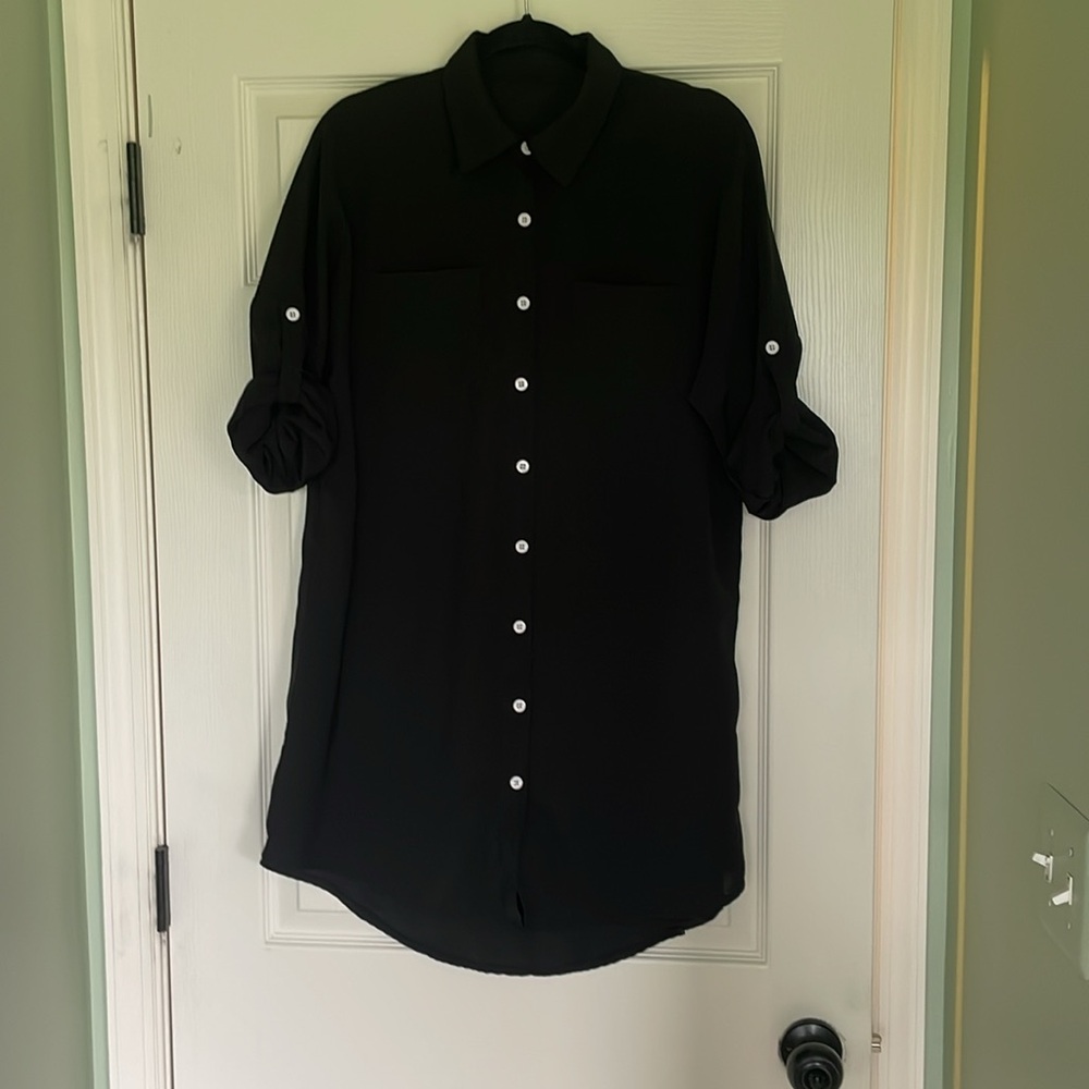 Black Roll Sleeve Shirt Dress